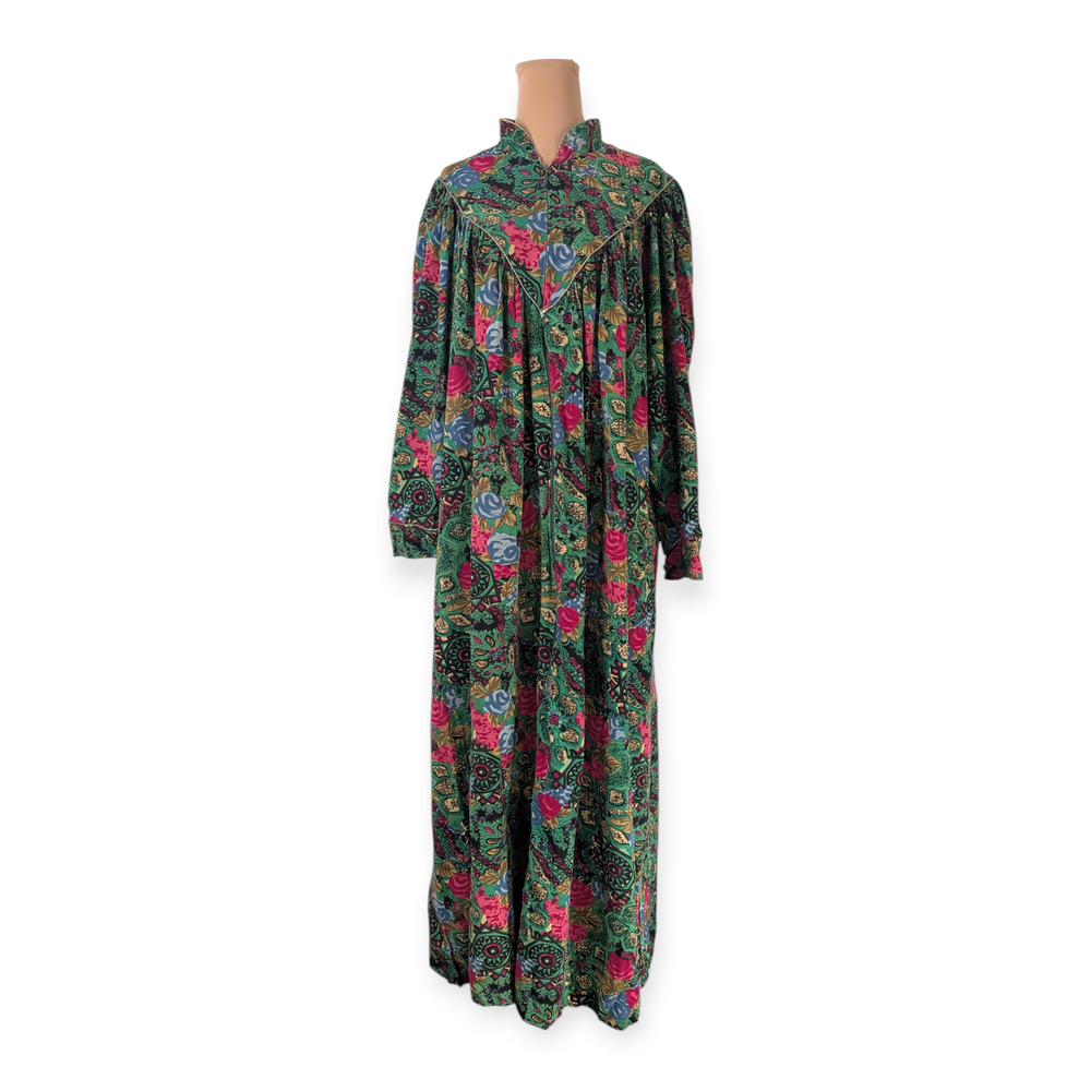 80s Art Deco Appel 1/2 zip Robe Kaftan ~ teal green magenta floral